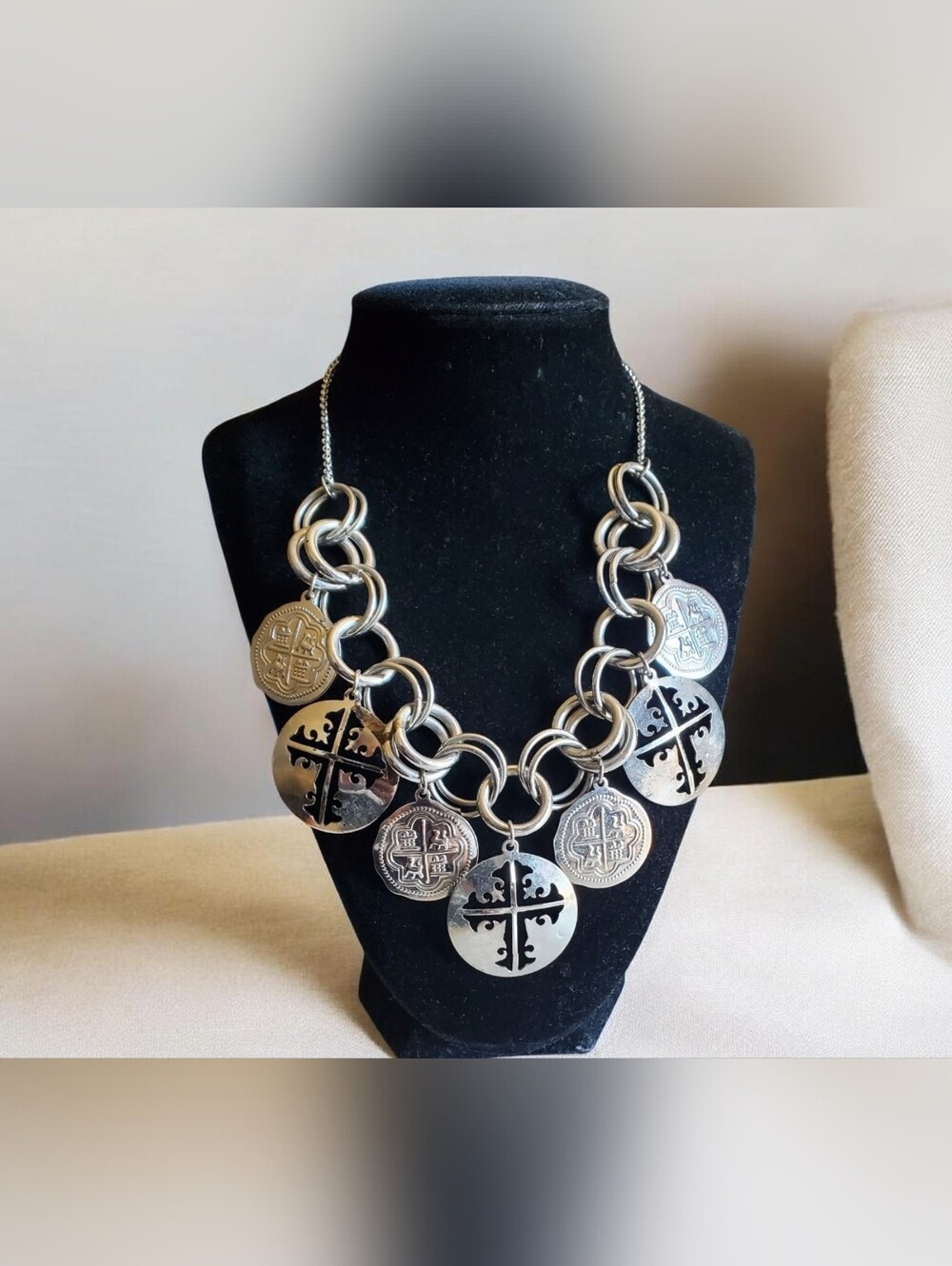 Vtg. Silver Saints Coin Charm Statement Necklace